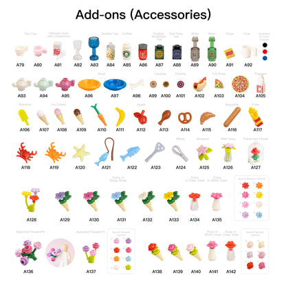 Collection of various small accessories on a white background with labels.