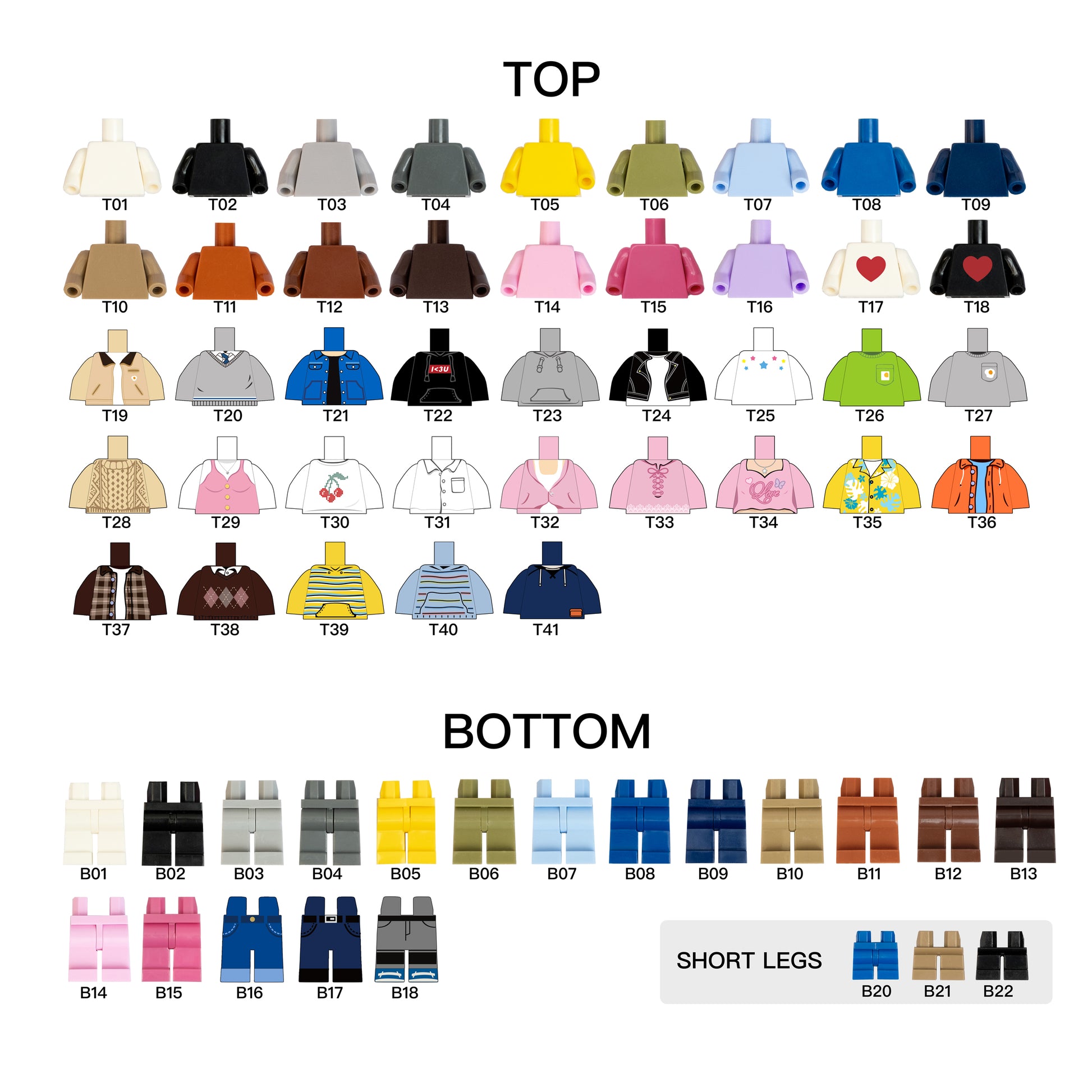 Color chart for brick figure torso and leg pieces with various color options.
