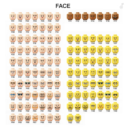 Collection of brick minifigure faces with various expressions and hairstyles on a white background.