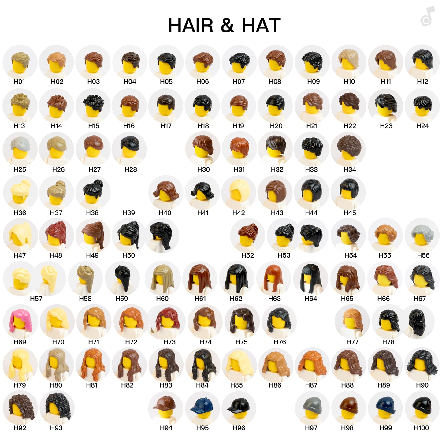 Collection of brick mini figure's hair and hat options with labels.