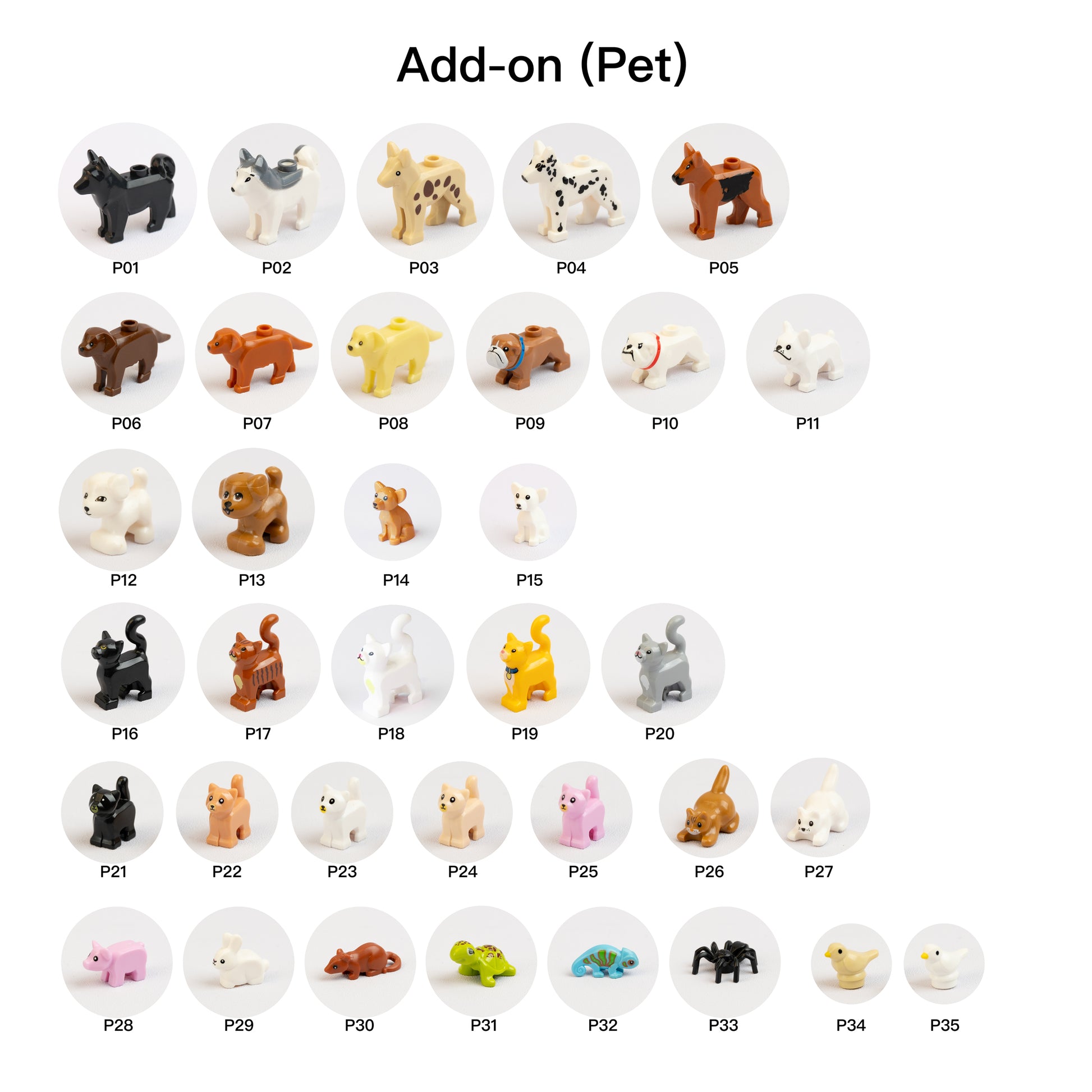 Collection of small pet brick figurines with labels on a white background