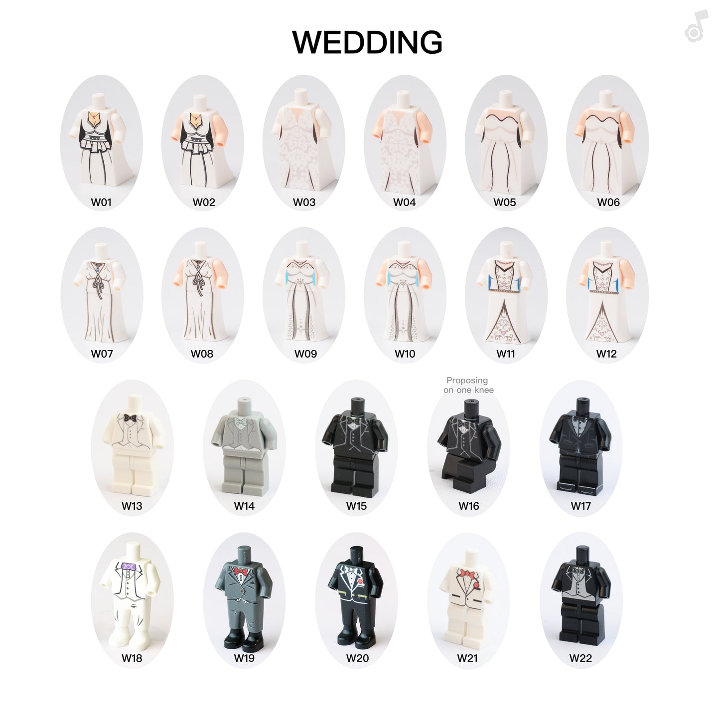 Collection of wedding-themed figurines in various poses and outfits on a white background.