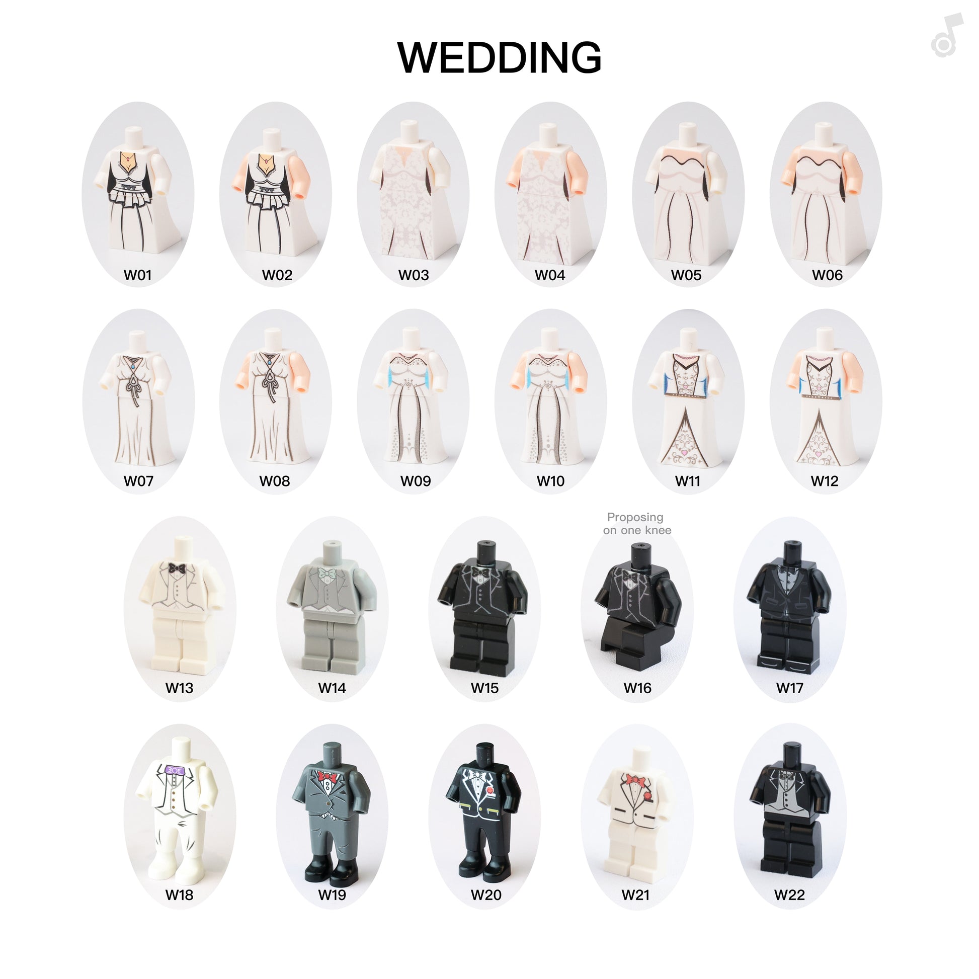 Collection of wedding-themed figurines in various poses and outfits on a white background.