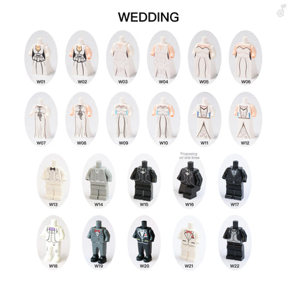 Collection of wedding-themed figurines in various poses and outfits on a white background.